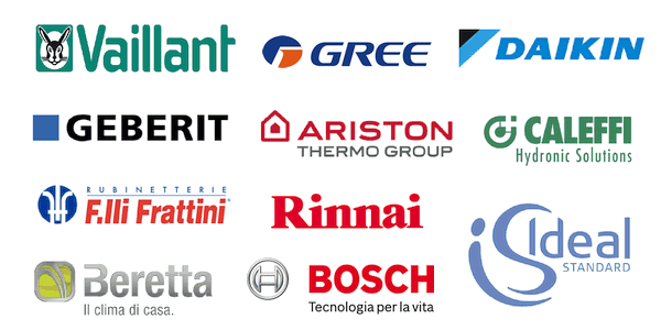 Bosch, Gree, Vaillant, Daikin, Beretta, Geberit, Ariston, F.lli Frattini, Rinnai, Caleffi, Ideal Standard